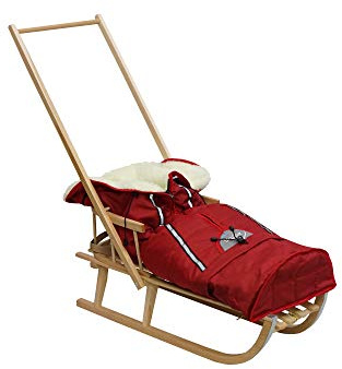 Luge en Bois pour Enfants avec Dossier - Luge Davoser en Bois avec Ceinture de sécurité, Dossier et chancelière d'hive (Naturel/Gris) (Naturel/Rouge)