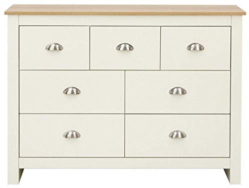 GFW Lancaster 7 Drawer Chest, Shaker Style Merchants Chest of Drawers with Oak Effect Top & Brushed Steel Handles