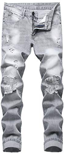 LZLER Grey Ripped Jeans Men 5-Pocket Craig 90s Men's Slim fit Stretch Jeans Biker Straight fit Size 30