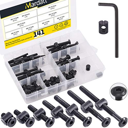Mardatt 140 Stück M6 Krippenschrauben Hardware-Ersatz-Kit schwarze Innensechskantschrauben Krippenschrauben und Zylindermuttern Kreuzdübel-Sortiment Kit M6 x 15/25/35/45/55/65/75 mm für Möbel