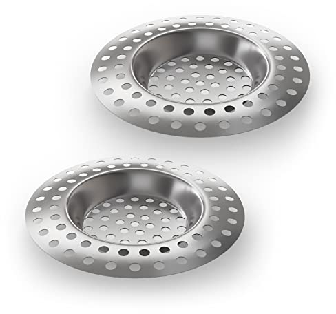 Rietlow® Set di 2 filtri di scarico (Ø 7,5 cm) – Filtro universale per lavabo in acciaio temprato – Filtro lavandino cucina – Filtro per lavello antiruggine – Filtro per capelli doccia (D'argento)