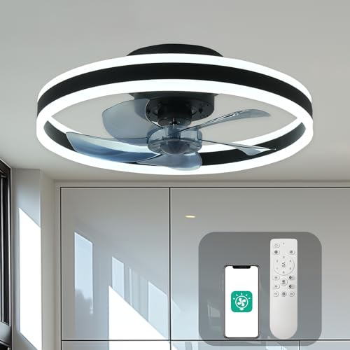 CHANFOK Ceiling Fan with Remote Control Flush Mount Modern Indoor 19.7 LED Dimmable Low Profile Ceiling Fans,Smart 3 Light Color Change and 6 speeds