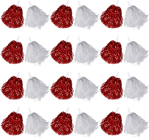 Cheerleading-Pompons, Metallfoliengriff, Cheer Squad Team, temperamentvoller Spaß für Party, Sport, Tanz, je 30 g, Weiß, Rot, 24 Stück