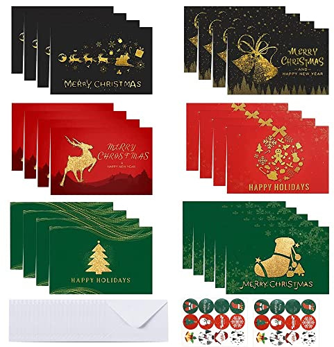 Cartoline di Natale, 24 Pezzi Biglietti Auguri Natale, Cartolina di Natale con Busta e Adesivi, Regalo Natale Cartoline, Pieghevoli Biglietti Natale Piccoli per Salutare Familiari, Amici e Colleghi