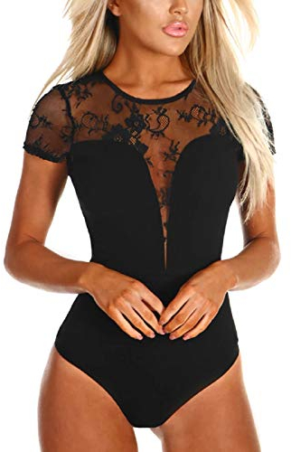 SEBOWEL - Body de Encaje de Malla Transparente Sexy para Mujer, Leotardo de Manga Corta, Blusa Ajustada, Camiseta, Ropa de Club Negro L