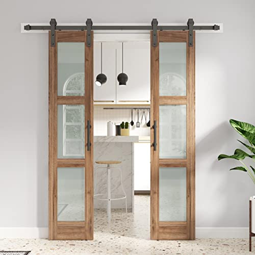 FREDBECK Double 18 x 84 inch Barn Doors 3-Panel Frosted Glass,Brown Door