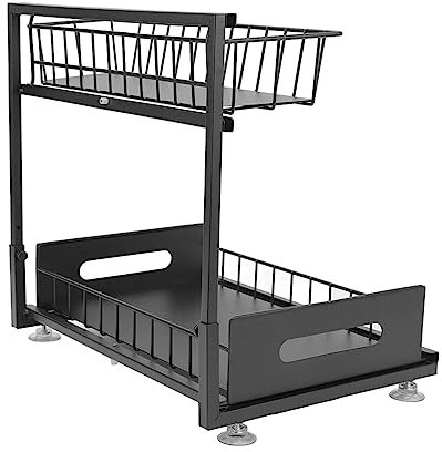 PAOORTS Organisateurs et Paniers de Rangement sous évier, Armoire Coulissante, 2 Niveaux, Support de Rangement sous L'évier pour Salle de Bain et Cuisine, Noir