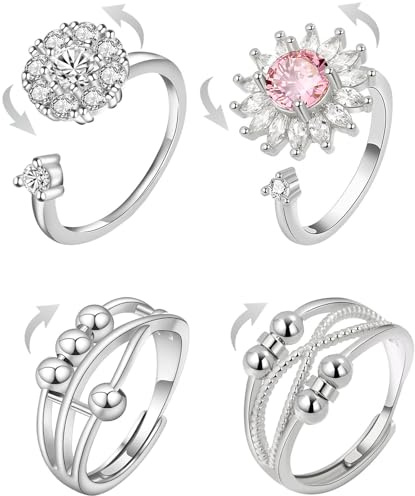GENSMILE Anillos Giratorios Anti-Ansiedad para Aliviar el Estrés - Juego de 4 Anillos Ajustables de Zirconio Giratorios, Cuentas Desestresantes para Calmar la Ansiedad, Regalo para Mujeres y Hombres