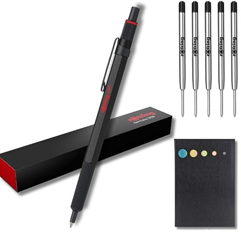 rOtring 600 Ballpoint Pen Set | Medium Point | Black Ink | Black Barrel with Non-Slip Knurled Grip |+ 5 Black Refills (M) + Sticky Notes