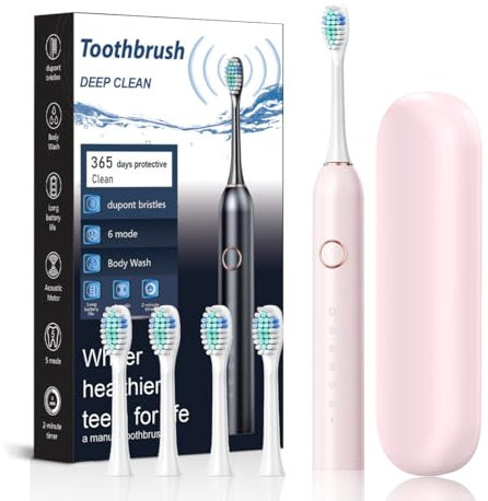 Spazzolino elettrico con 6 modalità, 4 testine di ricambio, spazzolino sonico ricaricabile via USB per la pulizia profonda, impermeabile IPX7, adatto a casa e in viaggio (Rosa, Taglia unica)