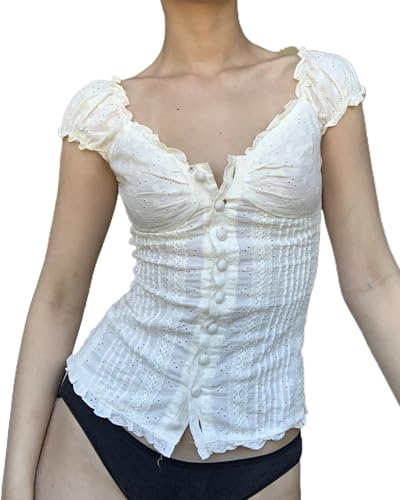 Women Y2K Ruffle Crop Top Short Puff Sleeve V Neck Lace Trim Button Down T-Shirt Summer Fairy Grunge Babydoll Blouse Tee (White C, M)