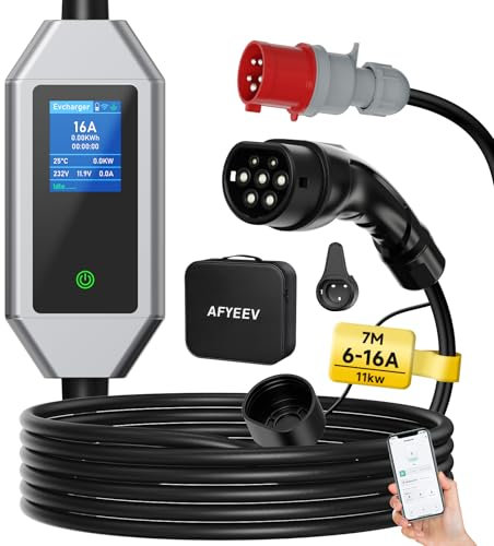 AFYEEV Ladekabel Typ 2 11kW, 7M | 6-16A | 3-Phasig, Mobile Wallbox Ladestation mit CEE-Stecker und APP-Verbindungsfunktion, Ladekabel Verzögertes Laden für 1-15 Stunden