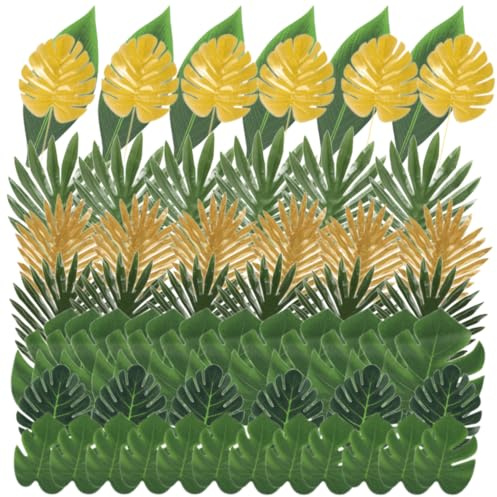 Zasvec Hojas de Palma Artificiales 60 Piezas Hojas Artificiales Decoracion Hojas de Monsteras Verde Hojas Tropicales de Decoraciones Hojas de Plantas Artificiales para Fiesta, Bodas, Verde/Dorado