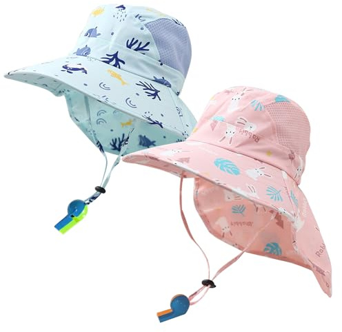 JSTHHTT 2PCS Niños Ajustable Bucket Sun Hat, Bebé Niña Niño Sombrero de Sol, Gorra Playa Plegable con Correa Ajustable para la Barbilla y ala Ancha, Protección de Sol Anti UV para Natación/Exteriores