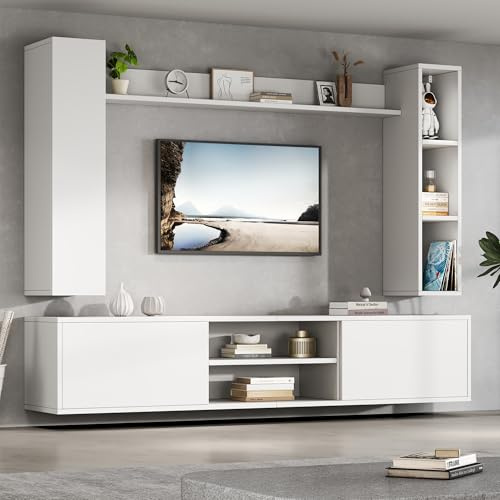 SUKY Set completo da parete per TV con vetrina, 4 pezzi, supporto e 2 mensole da parete, set di mobili per soggiorno e TV, in piedi e sospeso, TV fino a 80, bianco