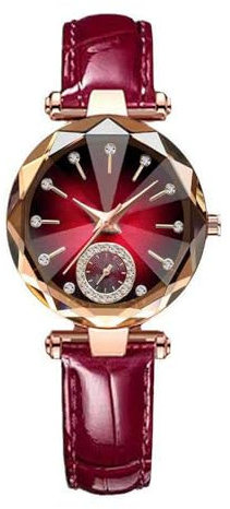 Cdycam Women’s Luxury Watches Wholesale Bracelet Elegant Leather Strap Watch Fashion Simulation Creative Diamond Dial Watch Round Dial Analog Quartz Wristwatches (Red)