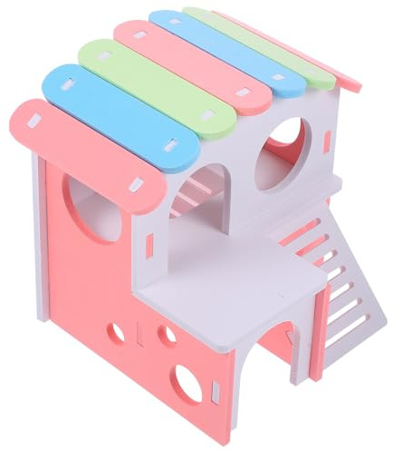 Veemoon Cachette pour Hamster Grosse Taille en Bois Écologique, Double Étage avec Plateforme et Toit Pastel, Maison pour Petits Animaux pour Cage à Gerbilles et Cobayes, Aire de Jeux