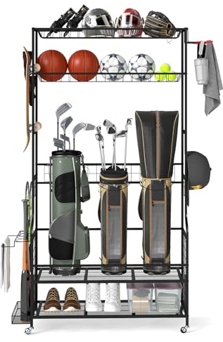 COSTWAY Sports Equipment Organizer, Metal Ball Storage Rack with Universal Wheels, Basket and Side Hooks, Rolling Golf Accessories Stand for Gym & Garage (132 x 40.5 x 194 cm, with Bottom Shelves)