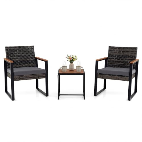 COSTWAY Salon de Jardin Exterieur 2 Personnes, 2 Fauteuils en Rotin PE&Acier avec Table Basse à Plateau en Bois Composite, Ensemble de Meubles de Jardin pour Balcon, Terrasse, Patio (Noir+Gris)