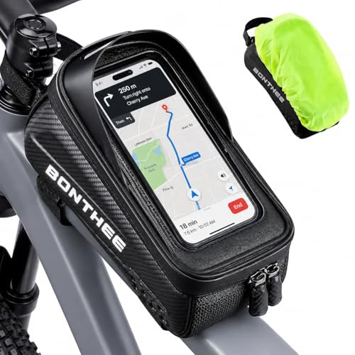 BONTHEE Bolsa Bicicleta Cuadro Impermeable 1,5L con Pantalla Táctil TPU y Parasol, Soporte Móvil Bici Estable con Triple Straps para Teléfonos hasta 7, Accesorios Bicicleta Montaña y Carretera