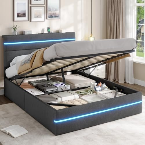 AOGLLATI Lit Coffre 140x190, Lit 2 Personnes avec Lumières LED et Prise, Cadre de Lit 140x190 avec Rangement, Système Hydraulique, Tête de Lit Capitonné, Sommier à Lattes en Bois, Lin Gris Foncé