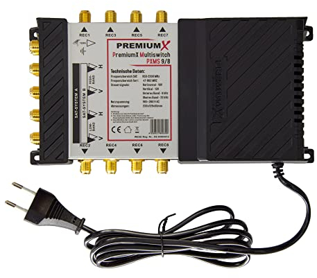 PremiumX PXMS Multiswitch 9/8 avec Alimentation - 2 Positions Satellites sur 8 Sorties - Compatible avec Digital HDTV FullHD 4K UHD 8K