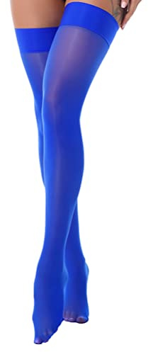 dPois Damen Halterlose Strümpfe Nylon Kniestrümpfe Stockings Socken Oberschenkel Hohe Nylonstrümpfe Transparent Unterwäsche Stretch Royal Blau B One Size