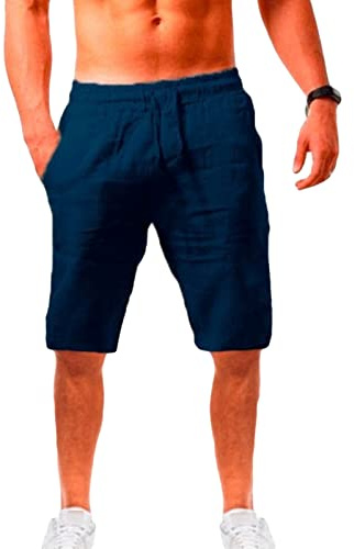 Men's Linen Casual Classic Fit Shorts Summer Lightweight Elastic Waist Short Drawstring Workout Gym Yoga Shorts (Dark Blue,4X-Large)
