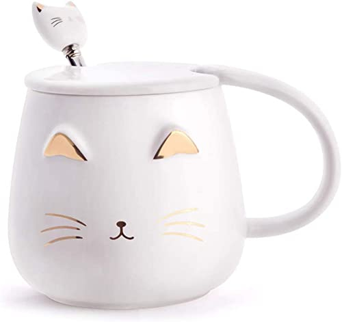 Aaliyahh Tasse mit Weiß Katze, Niedliche KatzenTasseKeramische,Katze Tasse mit Deckel Cat Mug 400ml Edelstahllöffel,3D-Tier Katzen-Tassen für Katzenliebhaber Frau Geschenke (Weiß)