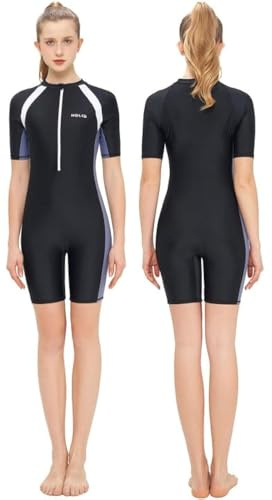 Maillot de Bain 1 Pièce Femme Zip Up Rashguard Imprimé Protection Manches Courtes Combinaison de Natation Surf Maillot de Plage XL