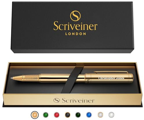 Scriveiner Personalised Gold Rollerball Pen - Stunning Luxury Pen, Real Gold Plating, Schmidt Ink Refill, Best Engraved Roller Ball Gift Set for Men & Women, Custom Name Engraving