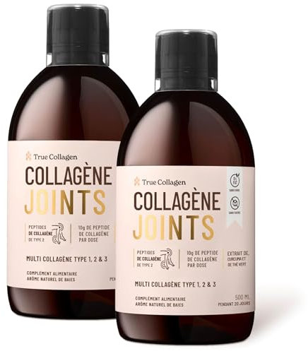 True Collagen Articulations | Complément liquide de collagène hydrolysé 10 000 mg - 2 x 500 ml 40 jours | Types I II III glucosamine MSM curcuma et chondroïtine pour des articulations des cheveux une