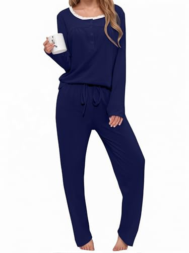 Aseniza Pigiami Invernali Donna Pigiama da Donna in Pizzo Lungo Due Pezzi Manica Lunga Cotone Set Pigiama Morbido Blu XL