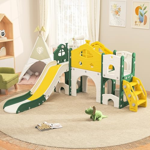 Casetta giocattolo multifunzione 7 in 1 per bambini con scivolo, cestino da basket e tunnel per creep – Design compatto, sicurezza prima (giallo-verde, scivolo singolo)
