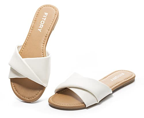 FITORY Women's Flat Sandals with Comfy Leather, Casual Slip On Slides Ladies Beach Shoes for Summer Pure White Size 6