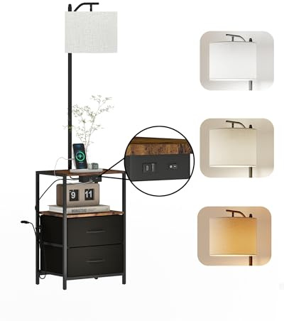 Ginhow Lampada da Comodino Camera da Letto con USB e Type-C, Piantana Lampada da Terra Salotto Moderna effetto in legno con 2 cassetti e 1 piano aperto