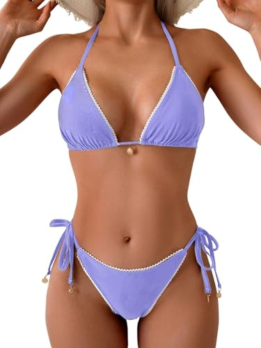 GORGLITTER Dambikiniset, triangelbikini halterneck, hög midja bikinibyxor med banddetaljer, utan bygel, tvådelad med spetskant, violett, XS