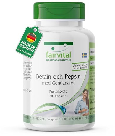 fairvital, betain & pepsin med gentianarot, 90 kapslar, betain HCL + bitterstoffer från gentiana, fullspektrum-enzymkapslar, kvalitetskontrollerade och högdoserade, tillverkade i Tyskland
