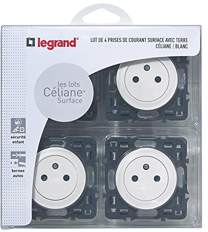LEGRAND - Prise Electrique Murale avec Terre Céliane Surface - Prise Affleurante avec Socle Rétractable - Fabriqué En France - Blanc - Lot de 4