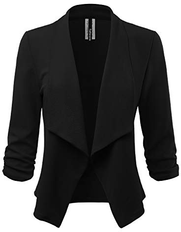 FASHIONOLIC Women's 3/4 Sleeve Blazer Open Front Cardigan Jacket Casual Work Office Blazer (Made in USA)(CLBC001) Black L