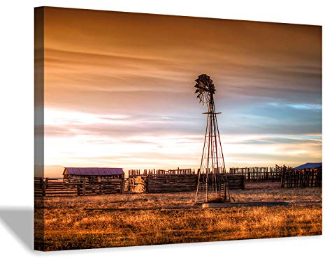 Hardy Gallery Windmill Artwork Rustic Landscape Picture: Farmhouse Painting Wall Art Print on Canvas for Living Room (45'' x 30'' x 1 Panel)