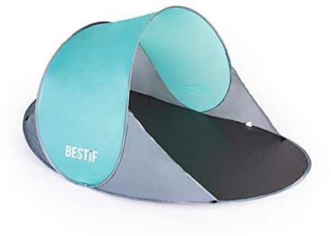 BESTIF Strandmuschel Pop Up Wurfzelt groß | Selbstaufbauend Strandzelt Tragetasche Sonnenschutz Windschutz 190x86x120cm (Türkis)