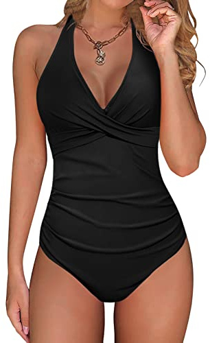 UMIPUBO Costume da Bagno Intero Donna Sexy Scollo a V Bikini Push Up Imbottito Reggiseno Curvy Costumi da Mare Donna Interi Costumi Un Pezzo Cross Spiaggia Beachwear Swimwear (Nero, L)