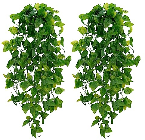 BLEUM CADE Fake Hanging Plants, 2pcs Artificial Pothos Vines Greenery for Wall Home Living Room Office Indoor Outdoor Decor (No Baskets)