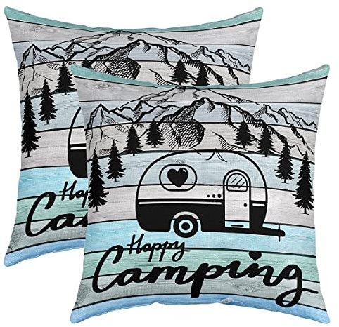 Camper Kissenbezug Kissenhülle Happy Camping Kissenbezüge 60x60cm 2er Set Kissenbezüge Weich Dekor RV Camping Sofakissen Couchkissen Cartoon Camping Auto Holz Korn Blau Dekokissens