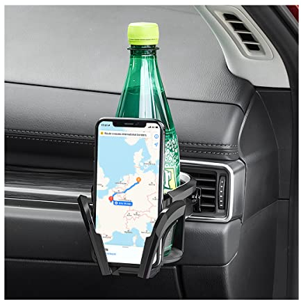 CGEAMDY Car Cup Holder and Phone Mount for Air Vent, 2 in 1 Multifunctional Drink Stand, Adjustable Auto Air Conditioner Vent Water Coffee Bottle Bracket, Universal for SUV Truck Van(Black/Silver)