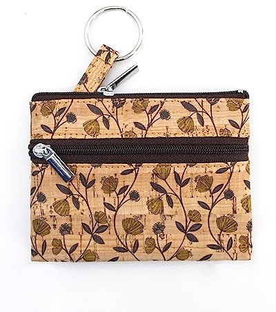 Boshiho Damen Geldbörse aus Kork Umweltfreundlich Vegane Mini-Änderungstasche Münzgeldbörse Kreditkartenetui Geldbörse mit Reißverschluss und Schlüsselrin (Grüne Blume