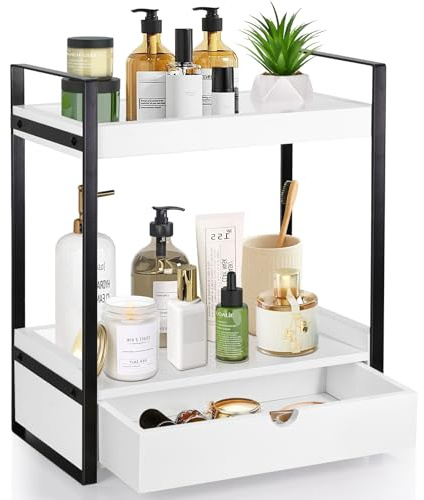 2-Tier Wooden Counter Shelf with Drawer, Vanity Tray for Organization and Decor, Countertop Organizer for Bathroom and Kitchen