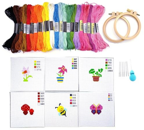 JZK 6 modelli per punto croce per principianti, kit per ricamo per bambini dai 7 ai 13 anni e adulti, con fili da cucito, tessuto prestampato, cerchi e aghi