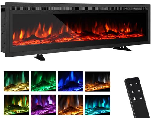 Cheminée électrique 127 cm sur Pied, Murale, intégrée, Effet Flamme 9 Couleurs, télécommande, 900 W-1800 W, Chauffage électrique avec Cristal et Ensemble de bûches